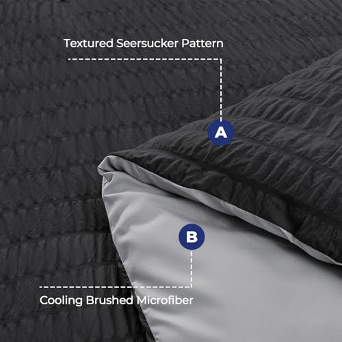 Image of HYMOKEGE Black /Light Grey Oversized Queen Comforter Set Seersucker 7 Pieces, All Season Luxury Bed in a Bag for Bedroom, Bedding Set with Comforter, Sheets, Pillowcases & Shams