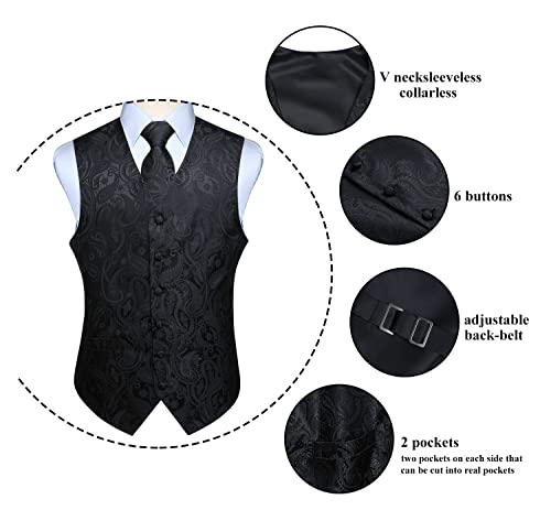 Enlision Mens Black Paisley Vest Classic Floral Jacquard Vests And Necktie Pocket Square Set Formal Dress Waistcoat For Suit Or Tuxedo #TOP3