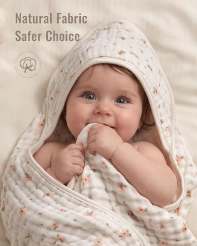 Blissful Diary Muslin Baby Hooded Towel 2 Pack, Soft & Absorbent Bath Towel for Baby Girls, Infant Gift, Newborn Essentials, Pink Floral & Light Pink - Image 5