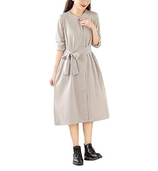 Womens Solid Color Cotton Linen Shirt Dress Long Sleeved V