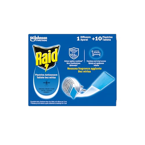 Raid Piastrine Antizanzare Comuni e Tigre, Azione prolungata,1 Diffusore + 10 Piastrine Ricarica