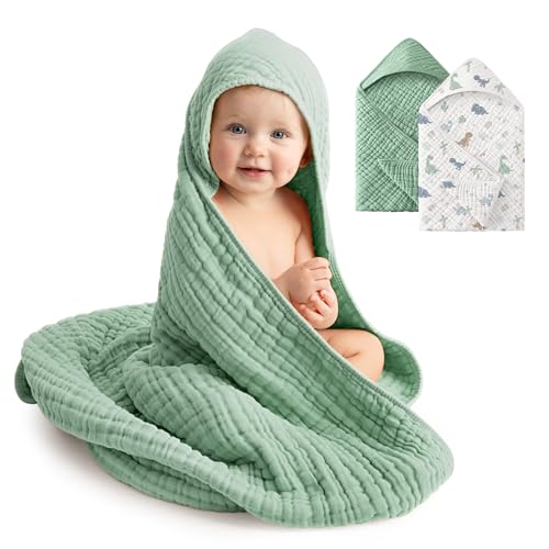 Image of Baby Bath Towels, 100% Muslin Cotton Hooded Baby Towels for Newborn, 2 Pack Baby Towels with Hood for Infant Toddler and Kids, Large 32x32Inch Unisex Bath Essentials, Soft and Absorbent