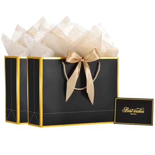 Image of Powbrace 13 inch Medium Black Gift Bag Set with Handle - 2 Bags Featuring Bows, 4 Tissues, and 2 Greeting Cards for Wedding, Baby Shower, Father's Day, Mother's Day, Birthday Party