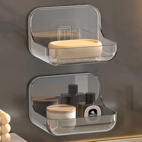 Leawall Self-Adhesive Transparent Soap Holder for BathroomSoap Holder Wall-Mounted, Self-Draining Soap Case, bathroom organiser without drill & Bathroom Organizer Accessories Set (Pack of 2)