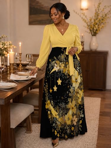 Image of PinkPatty Plus Size Dresses for Curvy Women V Neck Flowy Long Sleeves Wrap Maxi Dress Travel Vacation Outfits