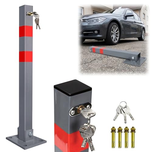 Jaxguom Parkpfosten klappbar 3 Schlüssel Lackiert & Rostgeschützt 67cm Absperrpfosten aus Stahl Parkplatzsperre mit quadratischem Standfuß & Reflexstreifen für Privatparkplatz
