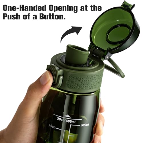 Image of GOPPUS 20oz Kids Water Bottle with Time Marker & Handle, Tritan BPA-Free, Reusable Leakproof Anti-Dust Everyday, Clear Kids Water Bottles For School,Car Travel, Gifts Boys Girls(Olive Green)