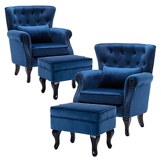 DM Furniture Accent Chairs with Ottoman Set of 2 Velvet Wingback Club Chair Upholstered Reading Chair Lounge Chairs with Wood Legs/Button Tufted Back for Bedroom Living Room, Blue