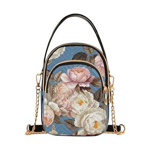 Women's Shoulder Handbag Decorative Phone Wallet Chain Strap Purse Quilted Zipper Bowler Tote Ladies Satchel Pink White Floral Peony Rose Blue