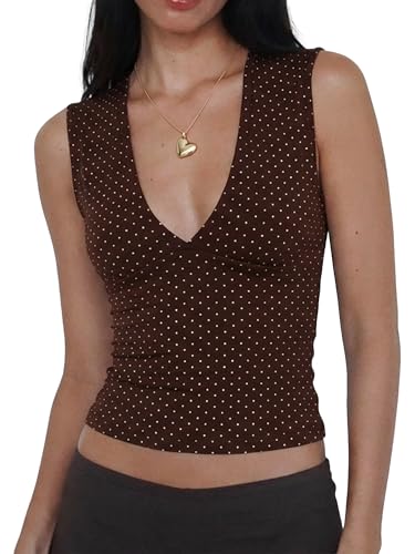 Women Deep V Neck Tops Sexy Polka Dots Sleeveless Crop Top Stretchy Going Out Tank Top Summer Clothes