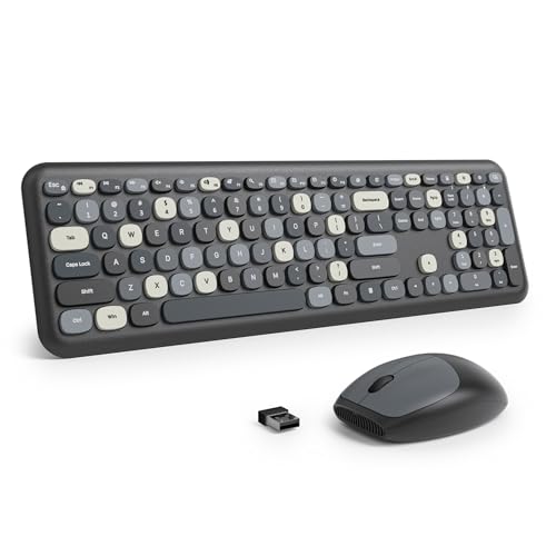 Surmen Colorful Black Quiet Keyboard and Mouse Wireless, Full-Size Girly Slient Keyboard Retro Typewriter Low-Noise 2.4GHz for Computer, Desktop, Laptop (X110-Blend Gray)