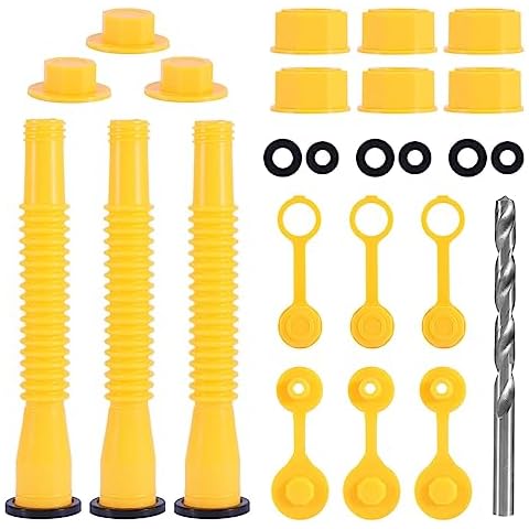 UXELY 19pcs Gas Can Spout Replacement Set, Gas Can Nozzle for Most 1/2/5/10 Gal Oil Can, Bendable Tube, Spout Sealing Caps, Fine Thread Cap, Coarse Thread Cap, Gas Can Vent Cap(Yellow) Cover