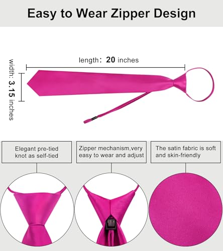 Image of YourTies Zipper Tie for Men Adjustable Pre-tied Satin Neckties and Pocket Square Set Solid Color Business Formal Wedding