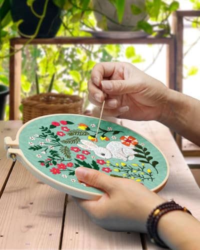 Image of TINDTOP Embroidery Kit for Beginners Adult, Rabbit Embroidery Kit | Include Embroidery Cloth Hoops Threads for Craft Lover Hand Stitch with Embroidery Skill Techniques