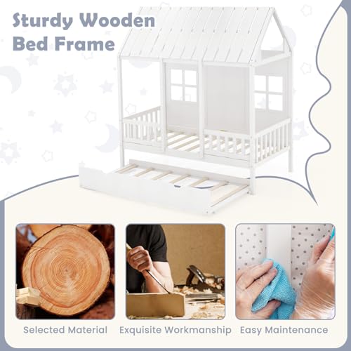 Giantex-Twin-House-Bed-with-Trundle-Kids-Bed-Frame-with-82-Tall-Roof-Windows-and-Guardrail-Wooden-Playhouse-Bed-for-Teens-Boys-Girls-Bedroom-No-Box-Spring-Needed-Free-to-Decorate-White Giantex Twin House Bed with Trundle Kids Bed Frame with 82 Tall Roof Windows and Guardrail Wooden Playhouse Bed for Teens Boys Girls Bedroom No Box Spring Needed Free to Decorate White