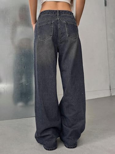 Image of GRECIILOOKS High Waist Jeans for Women - Wide Leg Straight Fit Denim | Baggy Cargo Style Casual Pants for Girls & Daily College Wear