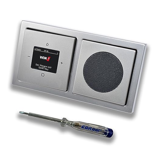 Busch Jäger DAB+ (DAB PLUS) Unterputz Radio 8215U-101 PUR Edelstahl, Komplett-Set mit Lautsprecher, Abdeckungen und Rahmen + EBROM Phasenprüfer zur Montage der Geräte - 8215 U – 101