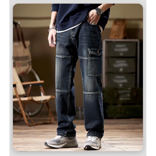 Straight Leg Jeans for Men Loose Denim Trousers Vintage Streetwear with Flap Pockets3