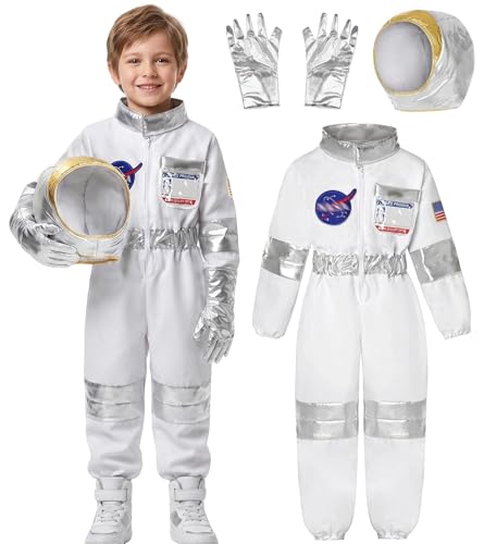 Koatobbor Kids Astronaut Costumes America Spacesuit for Boys Girls Space Jumpsuit Halloween Dress up White 8-10 Years