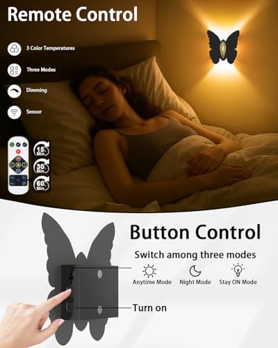 Image of Eneru Motion Sensor Wall Sconce Set of 2, Rechargeable Wall Lights, Indoor | 5000mAh Battery Operated Wall Sconces, Motion Activated, Magnetic Butterfly Night Light for Hallway Stair Closet Pantry Porch