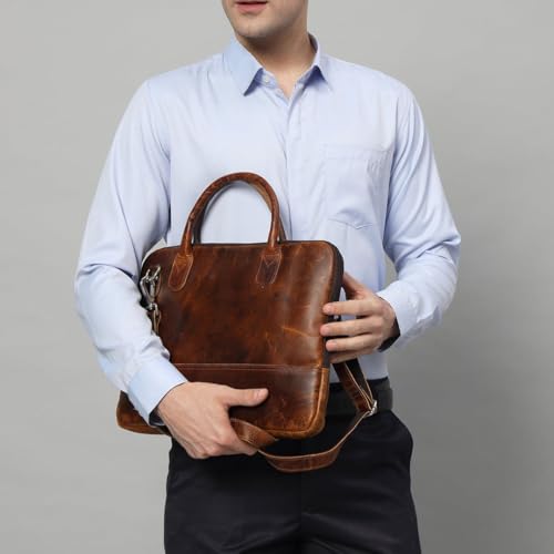 Image of MaheTri Modernist Genuine Leather Laptop Bag (Up to - 15.6 inch) for Men & Women | Unisex Lightweight Leather Briefcase with Adjustable Strap | Multiple card Slots With Zipper Pockets
