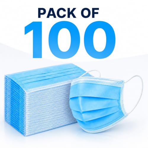 Image of Disposable Face Mask Pack of 100 | 3 Ply Non Woven Face Mask with Soft Elastic Ear Loops & Nose Clip | Dust Mask for Men & Women | Daily Use Mask | Blue