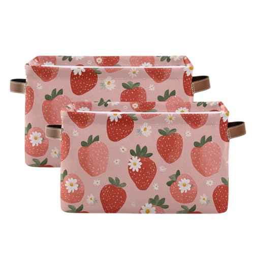 Image of Aslsiy Storage Basket Fresh Strawberry Pink Nursery Bins Baby Toys Box Canvas Clothes Shelf Basket Laundry Hamper Gift Basket for Home Closet 2 Pcs