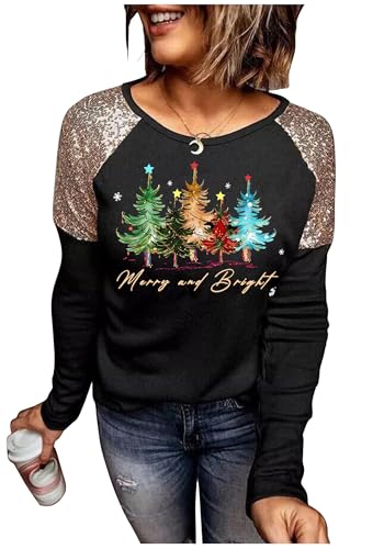 Image of Women Leopard Christmas Trees Snowflake Sequined Splicing Blouse T Shirts Xmas Graphics Print Casual Long Sleeve Tees