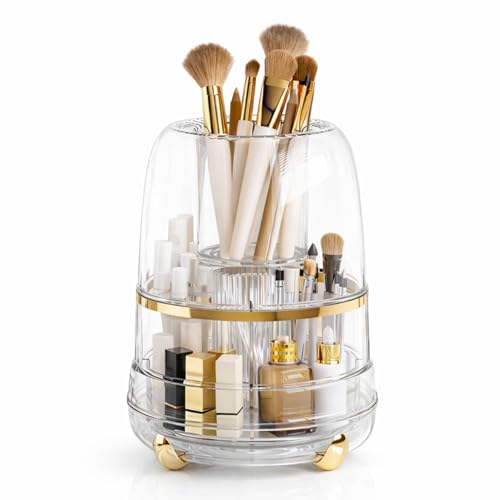 Image of KREPS 360 Rotating Makeup Brush Holder with Lid, Makeup Organizer for Nail Polish Perfume Lipstick Pen-Pencil Paint Brush Stationary, Multifunctional Dressing Table Storage