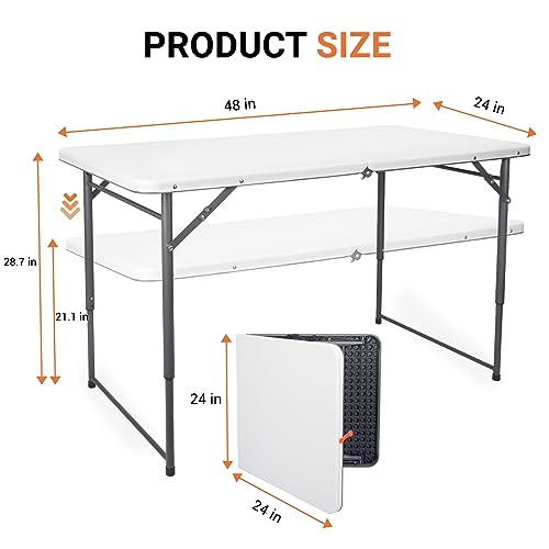 Image of Byliable Folding Table 4 Foot, Portable Plastic Card Heavy Duty Fold-in-Half Small Foldable Table, Indoor Outdoor Adjustable Height Folding with Carrying Handle for Picnic, Camping, Party, White