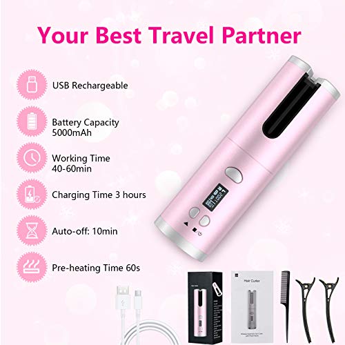 Automatic Curling Iron, Cordless Hair Curling Wand, Intelligent Anti-tangle Hair Curler with Anti-static Infrared & Ionic, MCH Fast Heating & Salon High Heat 390 ℉ with 6 Temp, Rechargeable & Portable - Thumbnail 7