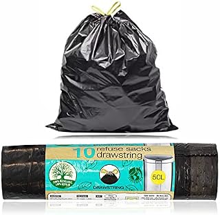 Bin Bags Refuse Sacks With Drawstring Heavy Duty for Kitchen Bathroom Garbage Pedal Dustbin Liners Composable Recycled Strong For Office Garden Catering Commercial Waste Black 50L (black pack of 10)