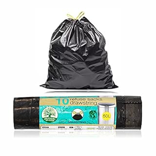 Bin Bags Refuse Sacks With Drawstring Heavy Duty for Kitchen Bathroom Garbage Pedal Dustbin Liners Composable Recycled Strong For Office Garden Catering Commercial Waste Black 50L (black pack of 10)