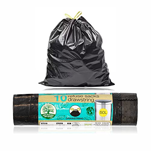 Bolsas de basura con cordón, resistentes para cocina, baño, pedal de basura, compostables, recicladas, fuertes, para oficina, jardín, catering, residuos comerciales, 50 L (negro, paquete de 10)