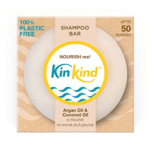 KinKind NOURISH me! Shampoo Bar. Coconut & Argan Oil for hydration. for normal dry and grey hair. Vegan & Cruelty Free. UK made. Up to 50 washes.50g