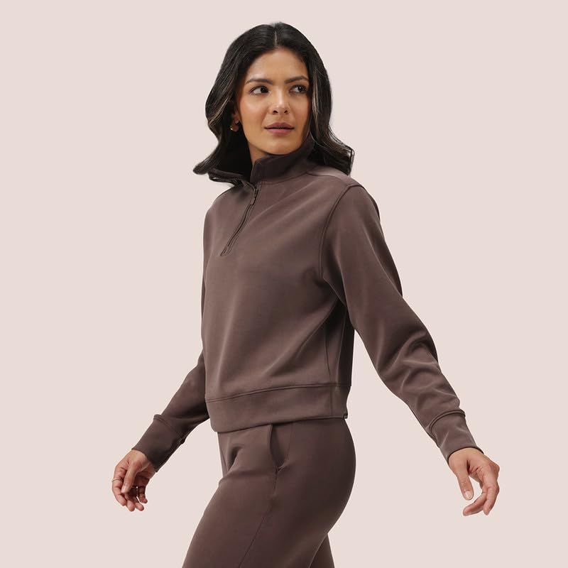 Image of BlissClub BareButter Pullover with Zip Marshmallow Comfort Relaxed fit Funnel Neck Cuffed Sleeve Luxurious Feel