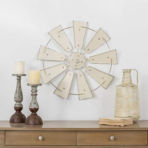 Glitzhome 22" Farmhouse Galvanized Windmill Wall Sculpture Home Decor Rustic Metal Rustic Wall Art Decoration, Beige #TOP5
