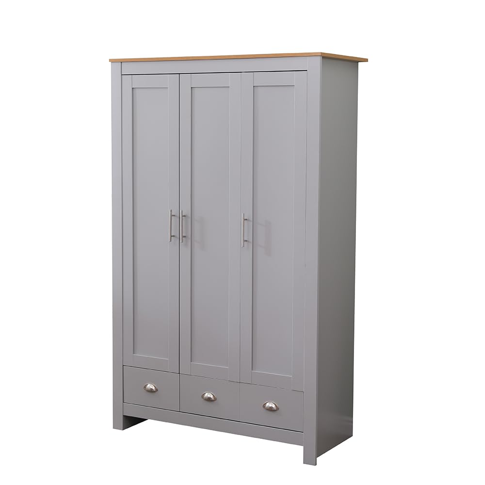 Kingwudo® White or Grey Bedroom Wardrobes with 3 Doors 3 Drawers and Hanging Rail Clothes Storage Unit for Bedroom Furniture Wooden (Grey With Oak-colored)