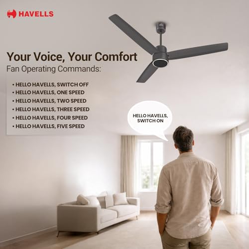 Image of Havells FAB Voice BLDC 1200 mm Ceiling Fan|Direct Voice Command| 5 Star| Upto 65% Saving| Air Delivery: 235 cmm| Low Noise|4 Speed Mode| 380 RPM| 2 Years Manufacturer Warranty (Smoke Brown)