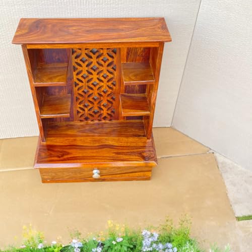 Image of Wudniture Sheesham Wood Ivara Handcrafted Home Mandir /Temple (Honey Finish, 64 cm) | Wooden Pooja Mandir for Home & Office
