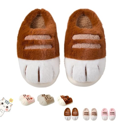 Adorable Cat Paw Slippers for Women, Cozy Fuzzy Memory Foam House Shoes with Non-Slip Sole Fluffy Platform Slippers (7/8,Brown B)