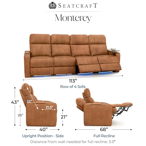 Image of Seatcraft Monterey Home Theater Seating Tawny Row of 4 Sofa | Italian Leather, Wall Hugger, Zero Gravity, Powered Headrest, Power Recline, Zero Gap, USB charging