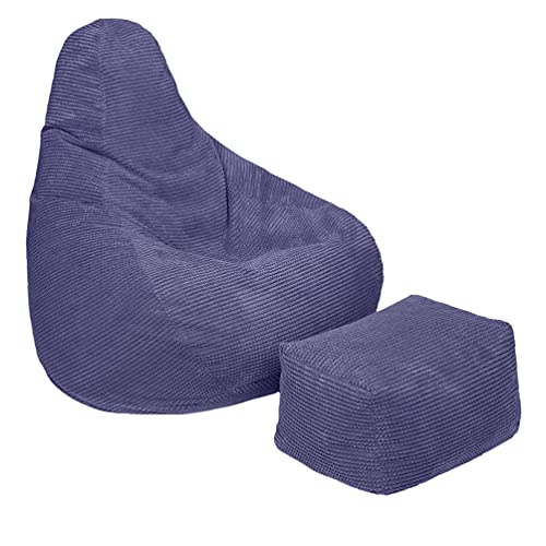 Silla de puf para adultos con respaldo alto de tela de pana para sala de estar y videojuegos, forro interior, diseño ergonómico para soporte corporal (puf + reposapiés, morado) Cover