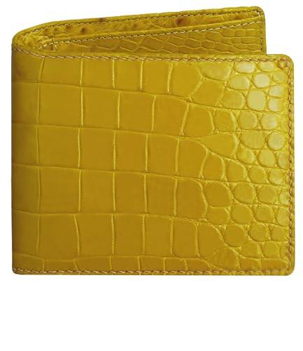Image of HATA Yellow Exotic Bifold Leather Wallet for Men, Double-Side Leather Wallet with RFID Blocking & ID Window Credit Card Holder, Handmade Gift for Birthday, Anniversary, Father's Day VIBE-99