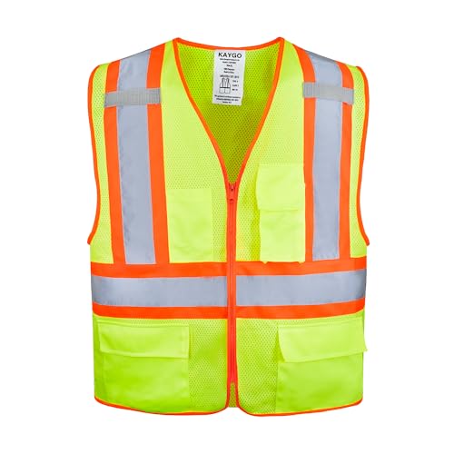 KAYGO Safety Vest with Pockets - High Visibility Reflective Vest ANSI Class 2 Construction Vest (Type R, Not FR) KG0100 (L, Yellow, 1 Pcs)