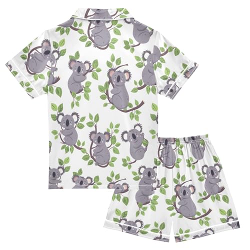 ALAZA Cartoon Leaf Koala White Satin Pajamas Set Short Sleeve Button Down Sleepwear Summer Pjs 2 Piece2