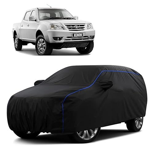 Image of Sulfar 100% Water Resistant Car Body Cover Compatible with Mirror for Tata Xenon (Triple Stitched, Full Bottom Elastic, Black Tafetta with Blue Piping)