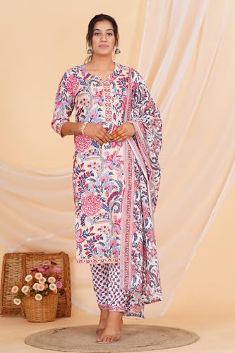 Image of Women's Printed Straight Kurta with Pant & Dupatta Set (Multicolor)
