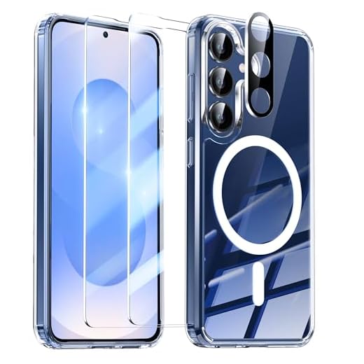 YisrLery Magnetica Cover Compatibile con Samsung Galaxy S25 5G con 2 Vetro Temperato e 1 Vetro Fotocamera, Compatibile MagSafe Hard PC Anti-Graffio Protettiva Antiurto Bumper TPU Custodia -Trasparente