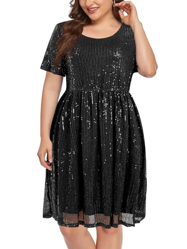 Wenrine Women's Sequin Plus Size Mini Dress Short Sleeve Scoop Neck Pleated A Line Cocktail Party Dresses4